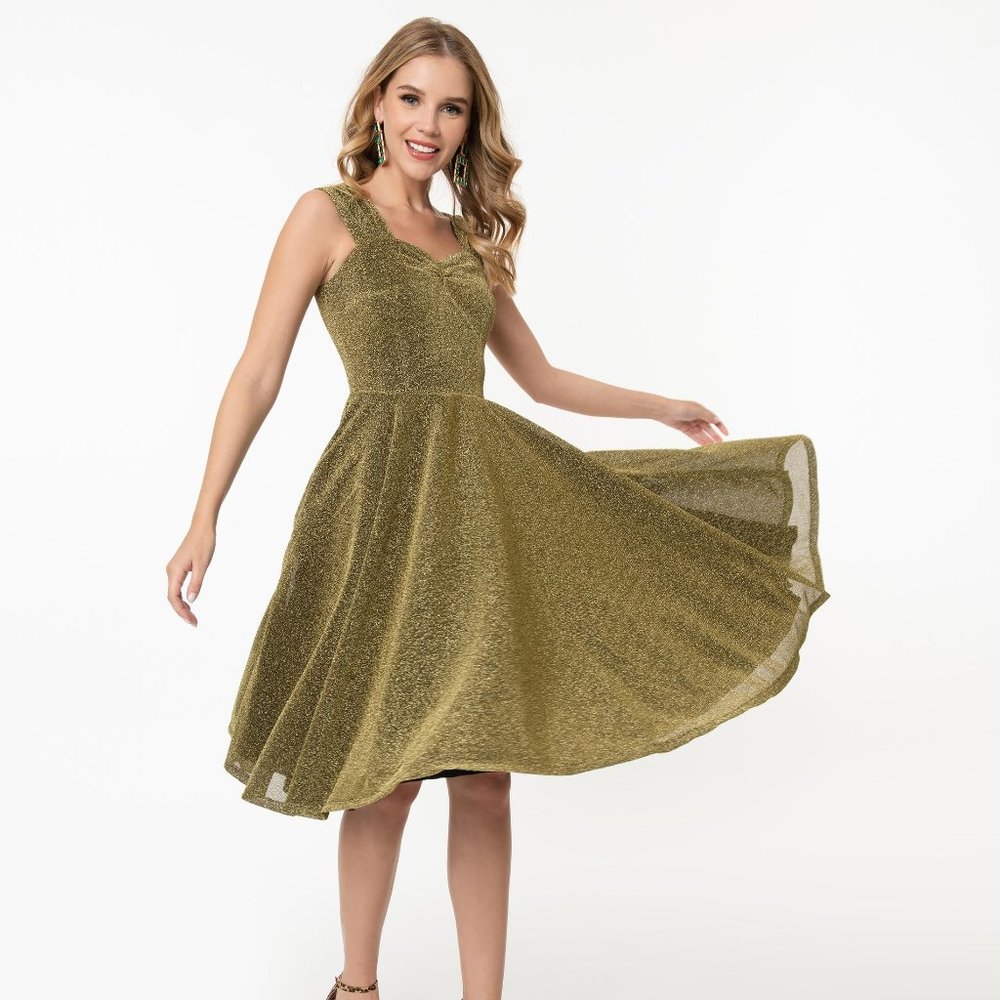 Magnolia Place 1950s Gold Sparkle Layla Swing Dress